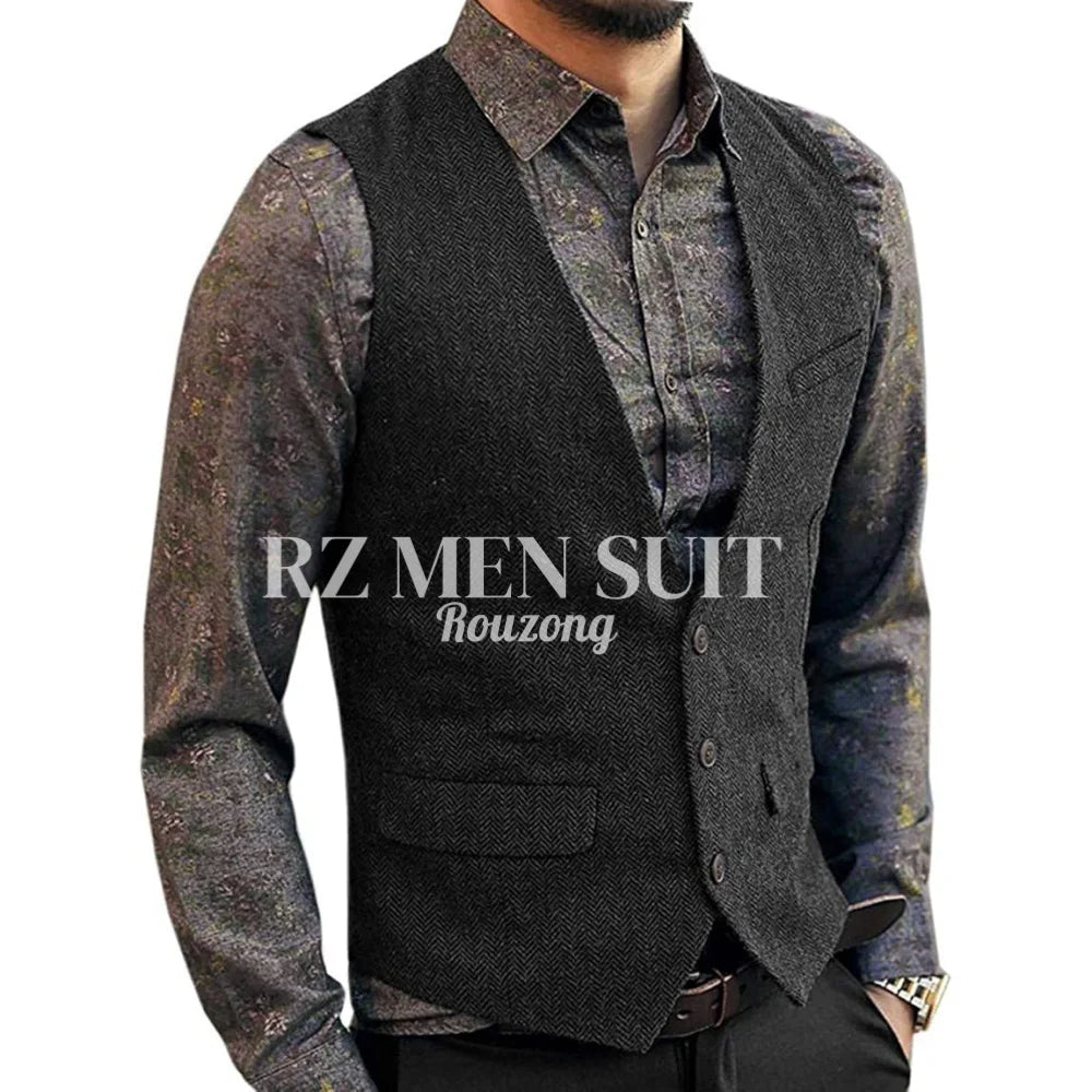 Men's Herringbone Tweed Wool Suit Vest Single Breasted Slim Fit Waistcoat Vest chaleco para hombre