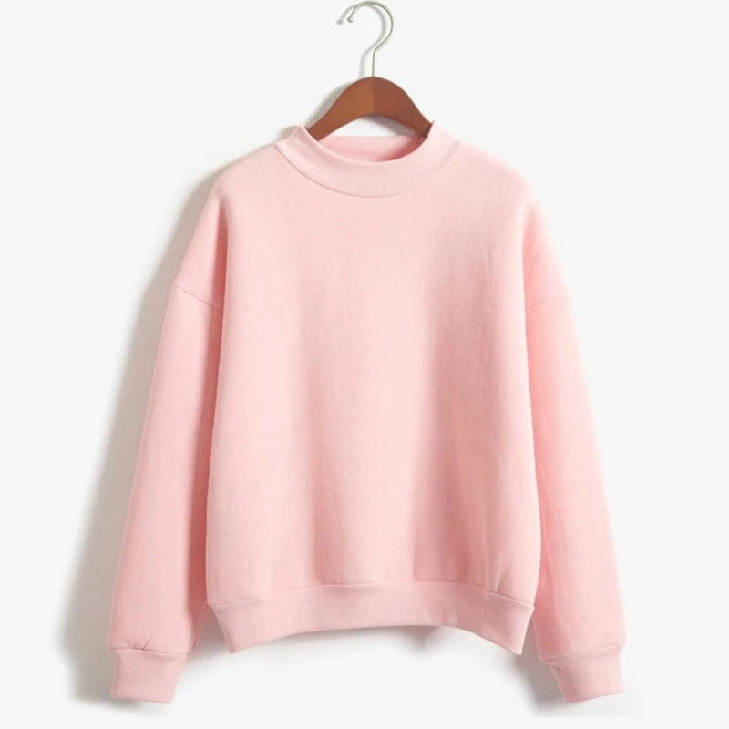 Fleecing Half High Neck Long Sleeve Casual Top For Women Clothing Autumn Winter Trend Solid Simple Pink Sweatshirts New Basic