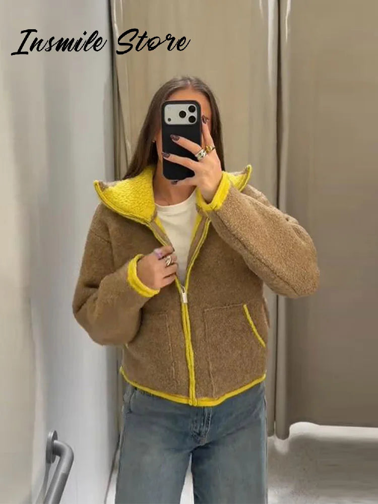 Fashion Contrast Knit Coat Women Stand Collar Zipper Pockets Full Sleeve Jacket 2025 Autumn Lady Elegant Outwear 2026 Spring New