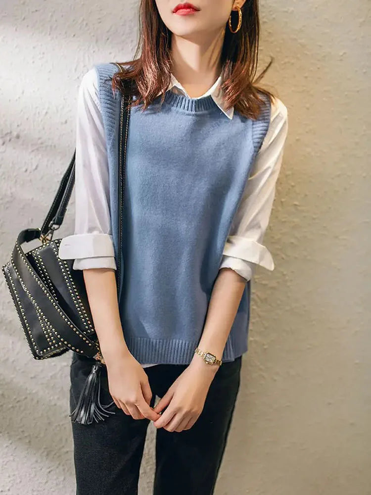 Fashion knit sweater vest College style under three-button solid color crew neck casual all-match pullover sweater for women