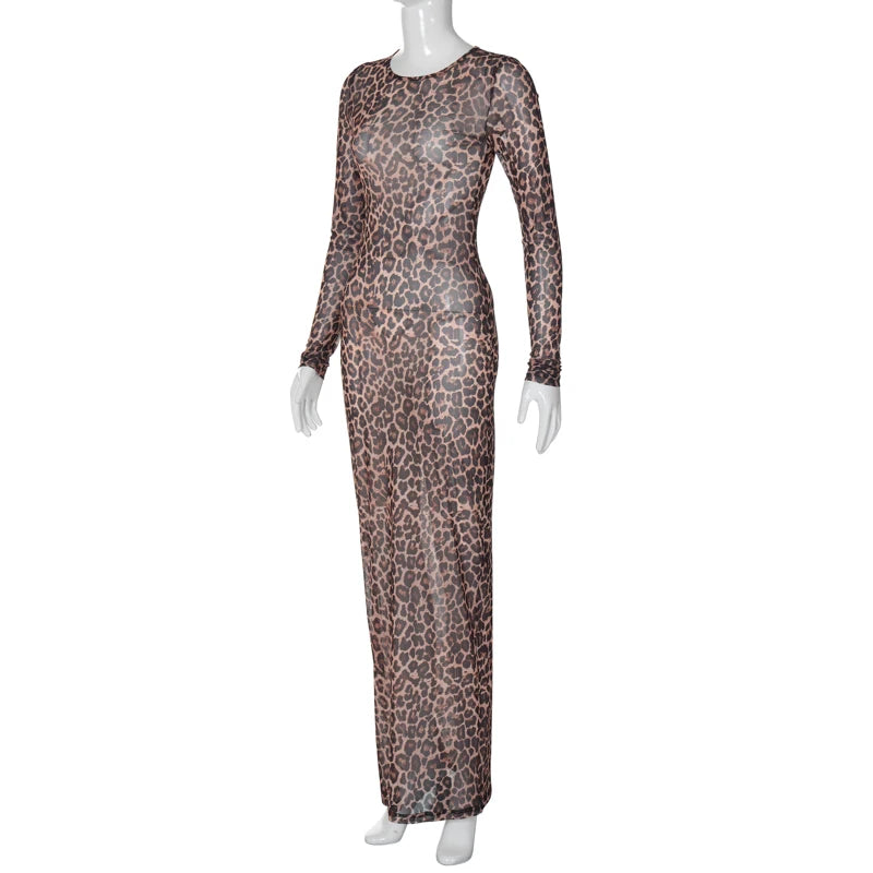 Hugcitar Leopard Print Mesh Long Sleeve Sexy Slim  See Through Maxi Dress Fall Women Fashion Outfits Beach Vacation Club