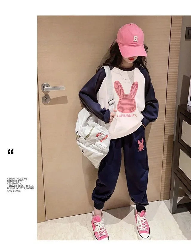 3-13 Years Spring Autumn Girls Clothing Set Cartoon Rabbit Pattern Full Sleeve Top +Pants 2Pcs For Kids