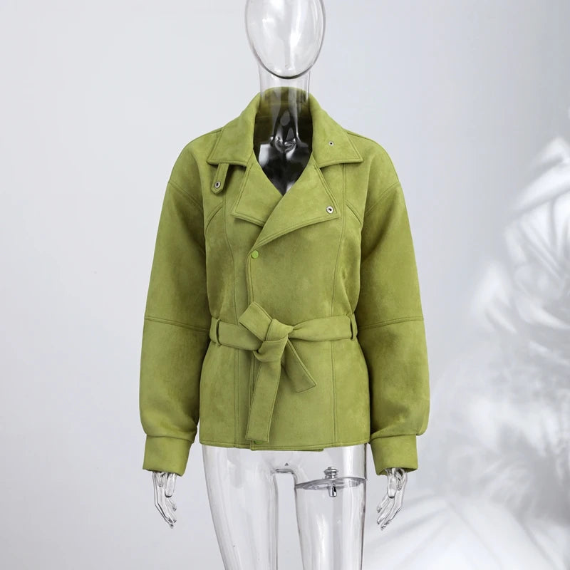 Street Women's Faux Suede Belt Lace Up Jacket Loose Green Lapel Button Full Sleeve Coats 2026 Spring Summer Lady Casual Outwear
