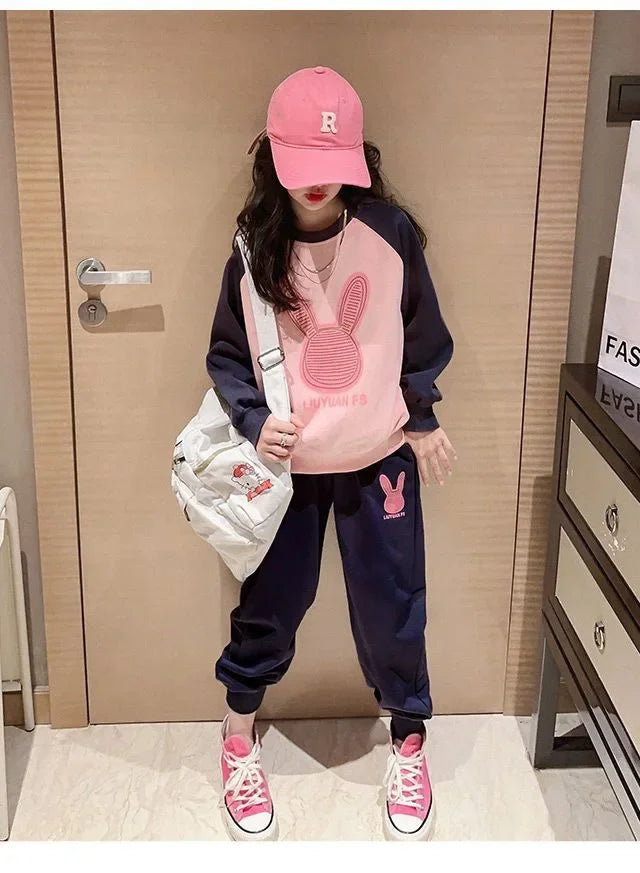 3-13 Years Spring Autumn Girls Clothing Set Cartoon Rabbit Pattern Full Sleeve Top +Pants 2Pcs For Kids