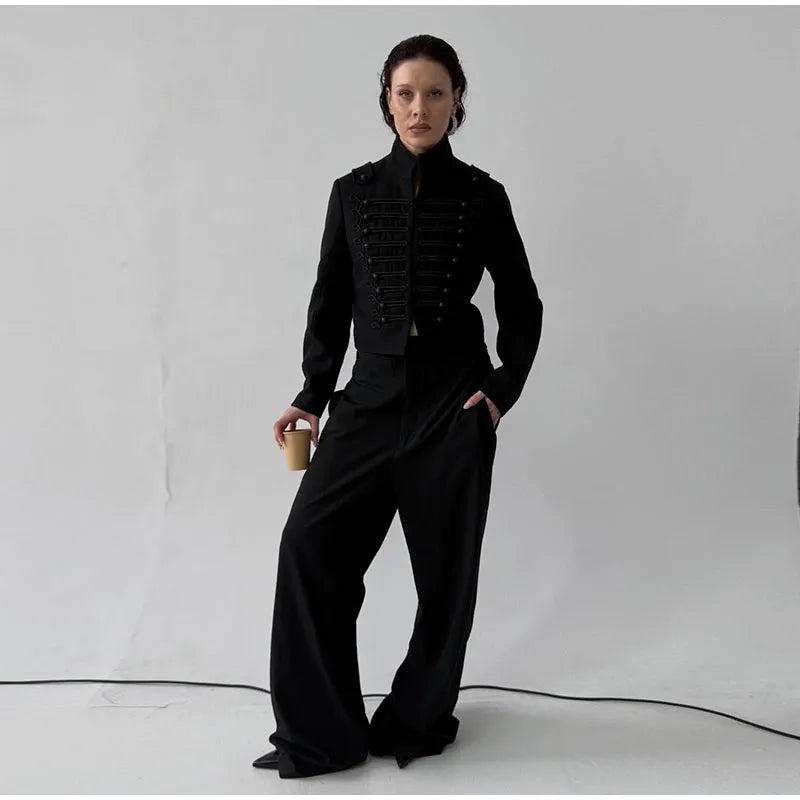 Women's Napoleon Style Black Cropped Jacket Coat Long Sleeve Tops Braided Button Trim Vintage Slim Fit Fashion Lady Outerwear