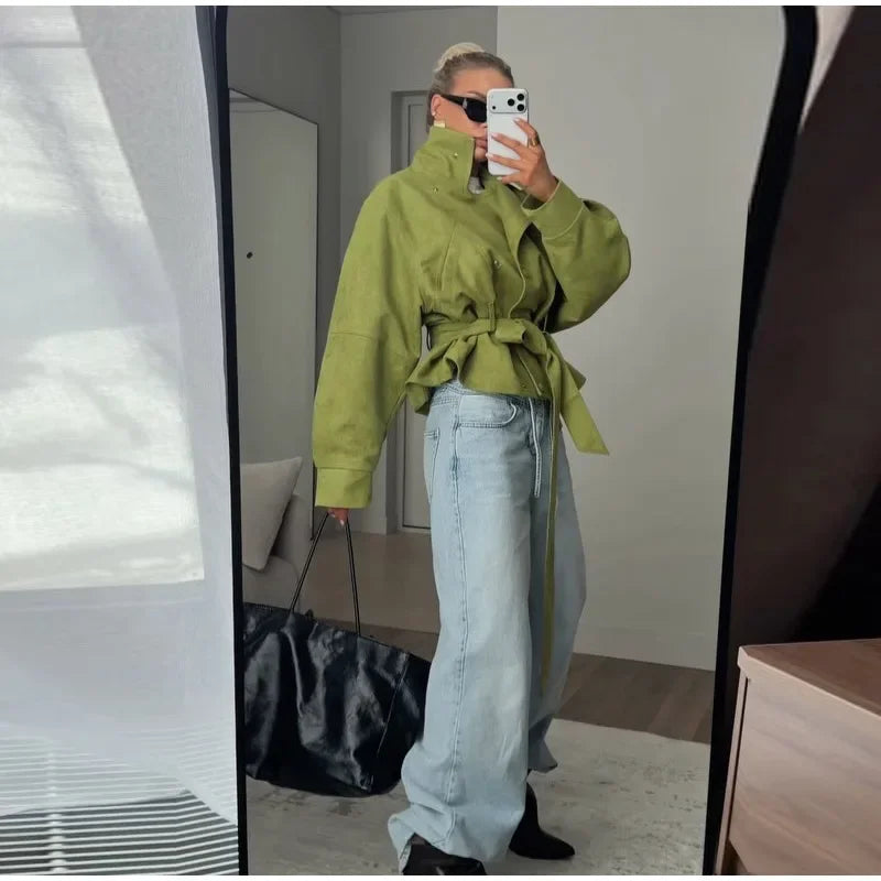 Street Women's Faux Suede Belt Lace Up Jacket Loose Green Lapel Button Full Sleeve Coats 2026 Spring Summer Lady Casual Outwear