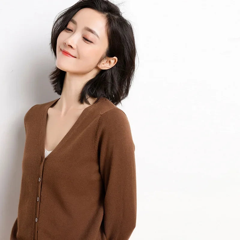 2025 Women Cardigans Long Sleeve Knitted Outerwear Solid Thin Spring Autumn Sweaters V-neck Knitwears Korean Fashion Cardigans