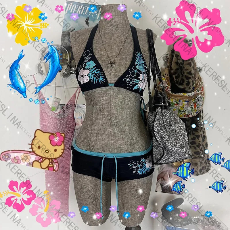 Women's bikini set cute retro casual streetwear Y2K Harajuku aesthetic hip-hop summer sweet polka dot slim Kawaii women's skirt