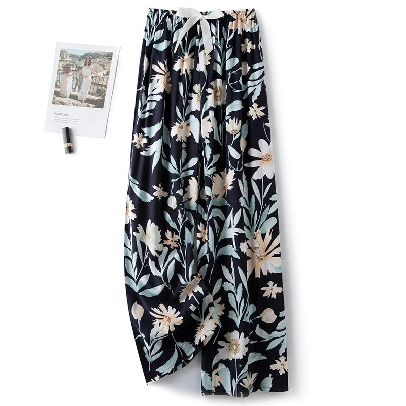 Women Casual Autumn Wide Leg Pants Floral Beach Trousers High Waist Boho Ethnic Style Calf Pants Four Season Girls Home Clothes
