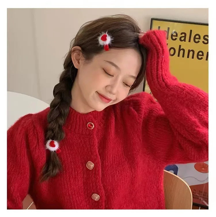 Red Velvet Bow Hairpins for Princess Girl Cute Pompom Heart Kids Autumn Winter Hair Clips Korean Sweet Clips New Year Headwear