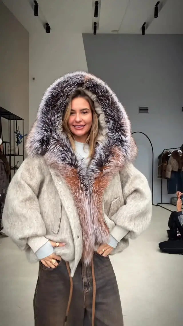 Vintage Faux Fur Woolen Jacket Women Fashion Thicken Hooded Pocket Lantern Sleeve Elastic Waist Coat 2026 Female Daily Outwear