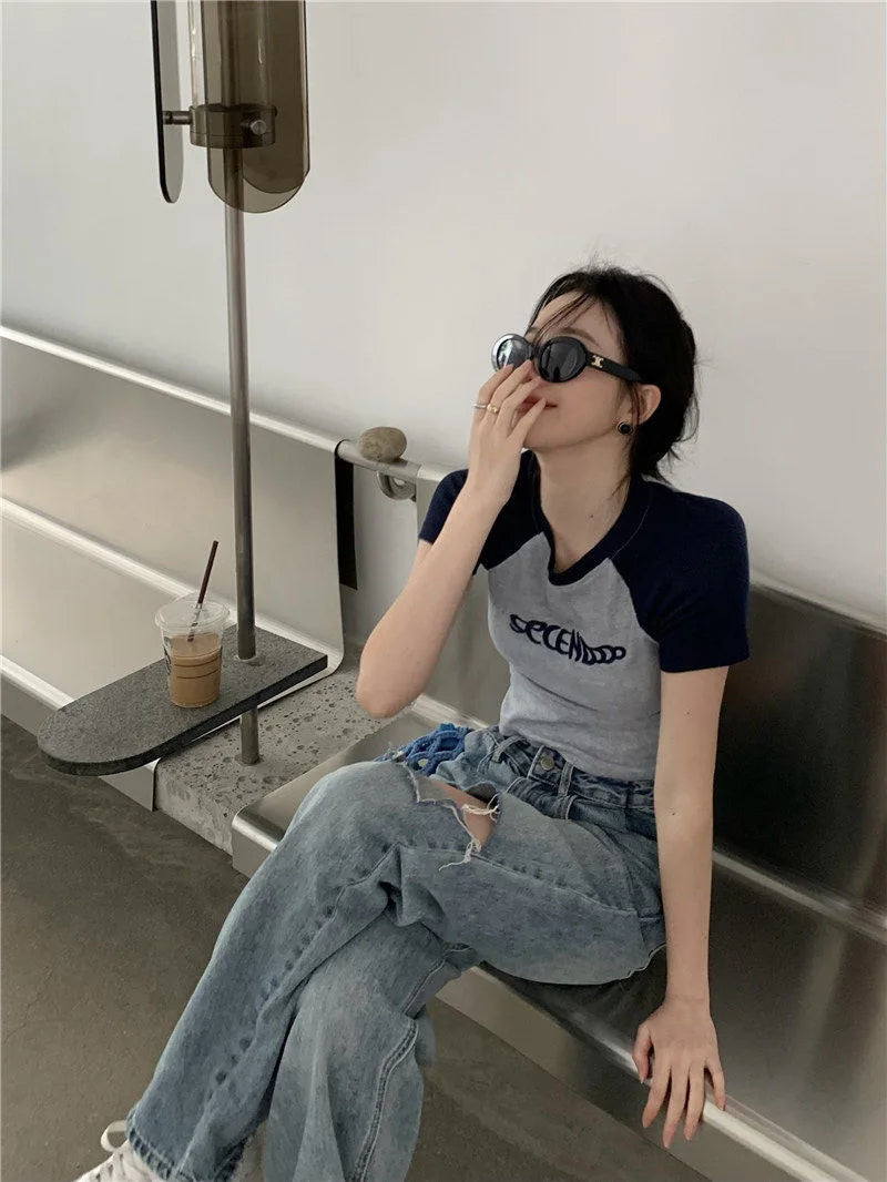 Y2K Women T Shirt Patchwork Letter Slim Fit Crop Tops Streetwear Casual Korean Fashion Short Sleeve Tshirts Bae Female Tees