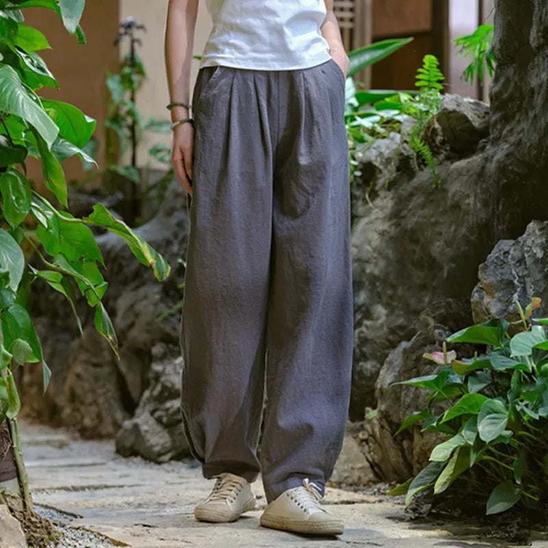 Johnature Women Vintage Solid Color Long Pants Linen Elastic Wasit 2025 Spring New Trouser Pockets Loose Women Straight Pants