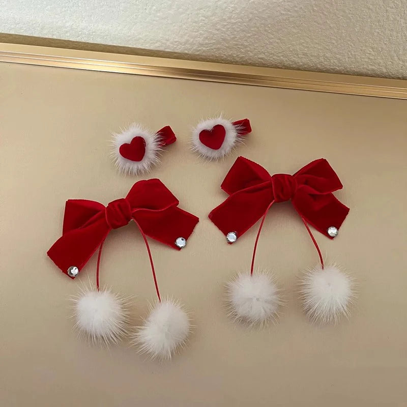 Red Velvet Bow Hairpins for Princess Girl Cute Pompom Heart Kids Autumn Winter Hair Clips Korean Sweet Clips New Year Headwear