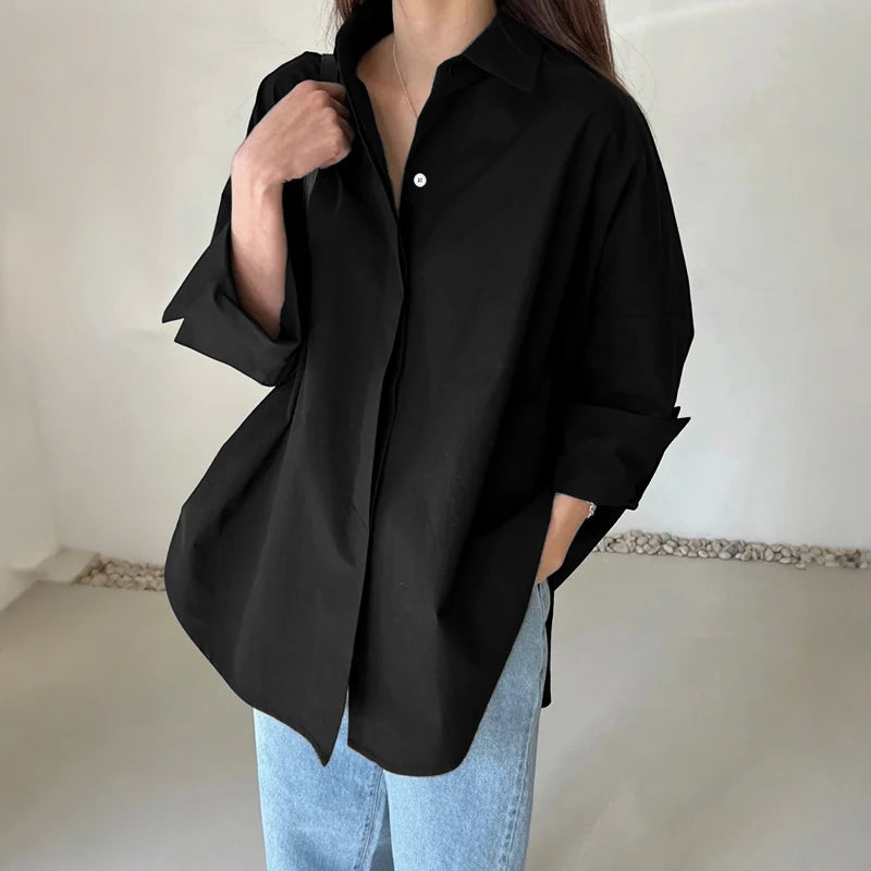 ZANZEA Oversized Women's White Shirts Turn-Down Collar Long Sleeve Button Up High-Low Solid Color Tops 2025 Autumn Streetwear