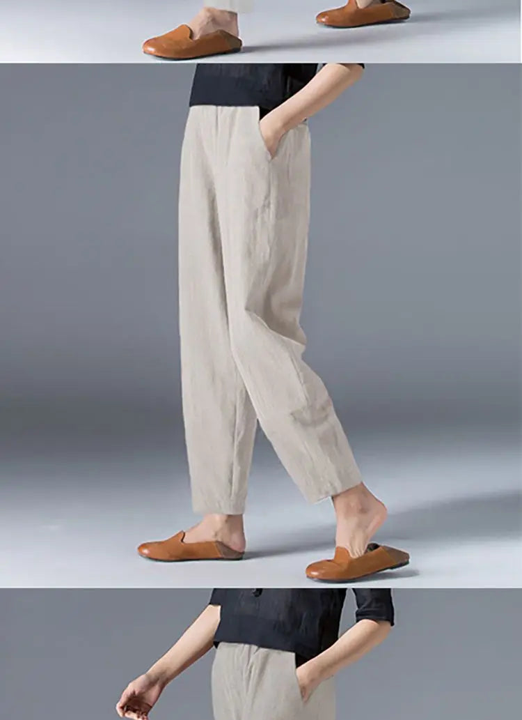 Cotton Wide Leg Pants Female Loose Oversized Solid Color Harem Summer Casual Elastic Waist Ankle-length Pants Women Clothing