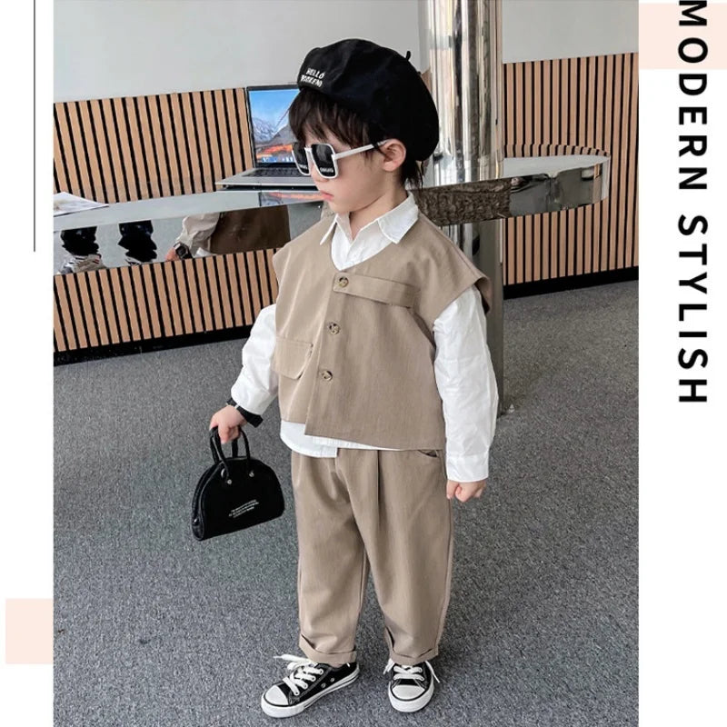 2026 Children Sets Shirts Turn-down Collar Vest Single Breasted Pants Ankle Length Loose Solid Soft Simple Casual Autumn Boys