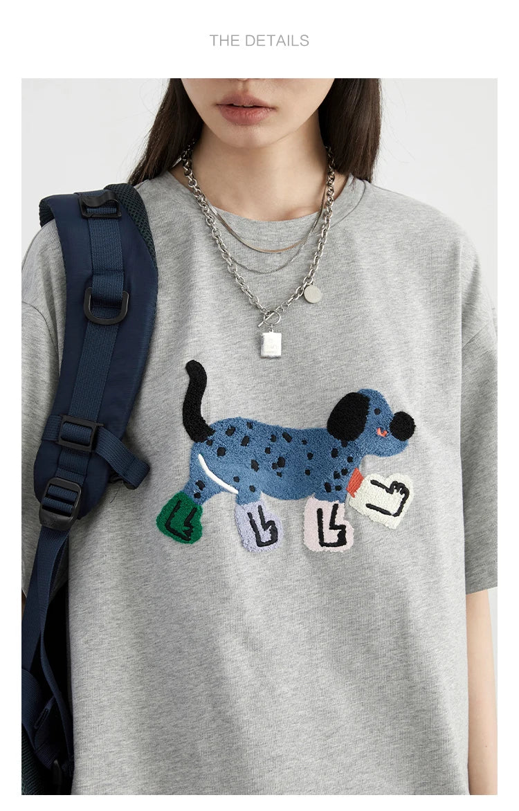 CHIC VEN Women T-Shirts Loose Streetwear Unisex Fun Dog Embroidered Short Sleeve Cotton Girl Tees Female Top Summer 2025