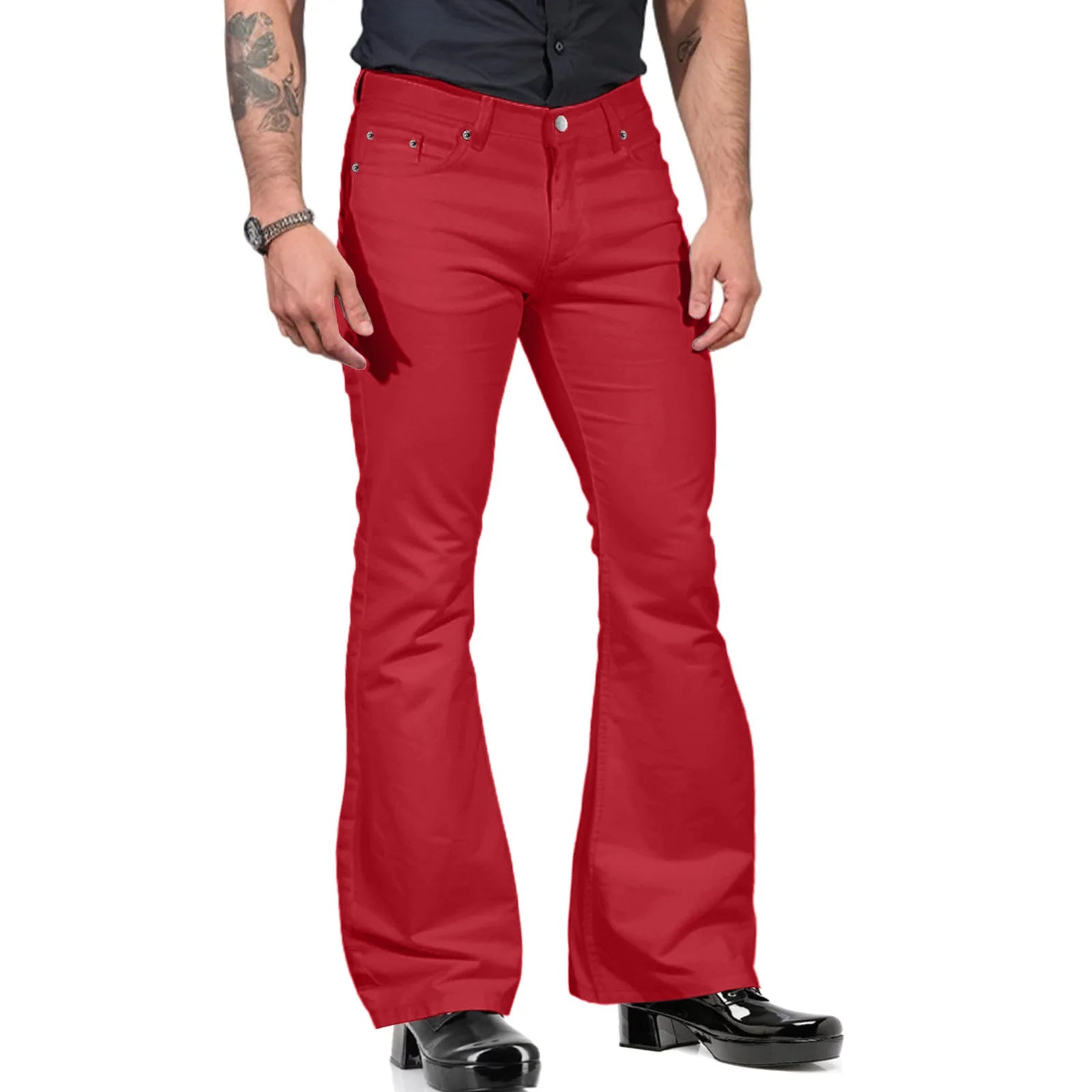 Retro-inspired Flared Pants Men's Vintage Bell Bottom Wide Leg Jeans Solid Color Stretchy Slim Fit Mid-rise for Fashionable