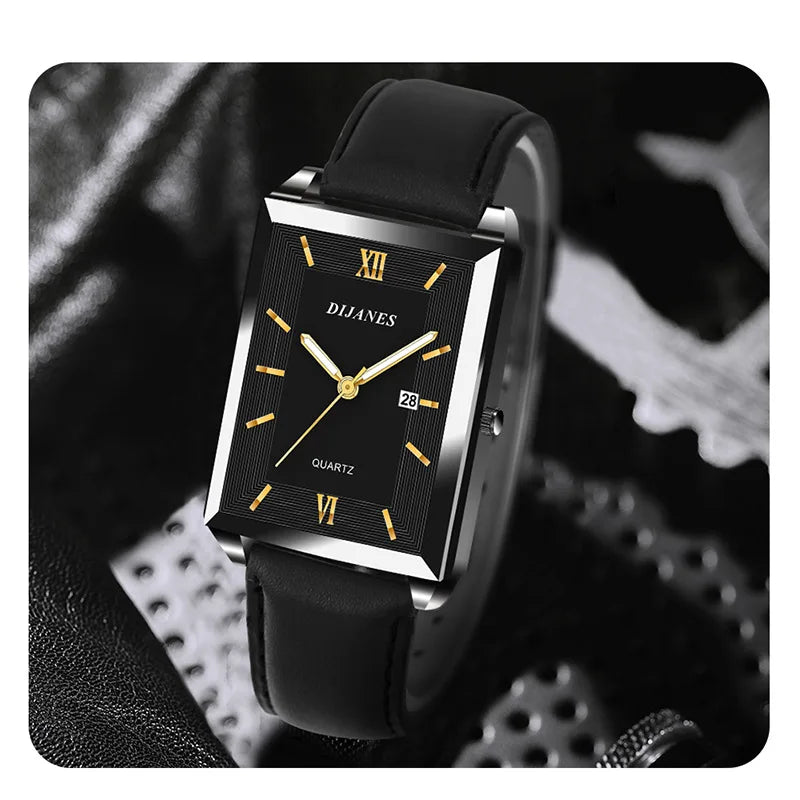 New Casual Leather Men's Square Quartz Watch Korean Student Calendar Watch Men Relojes Para Hombres