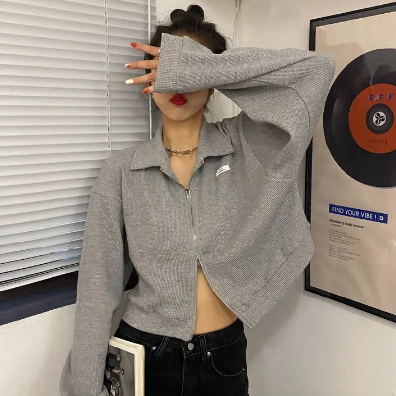 Sweatshirts Woman All-match Solid Zipper Trendy Korean Style Harajuku Ins Retro Autumn Casual Office Ladies Daily New Arrival