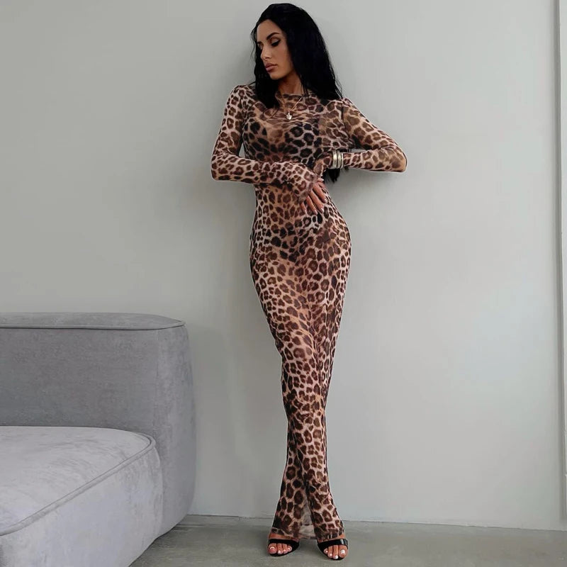 Hugcitar Leopard Print Mesh Long Sleeve Sexy Slim  See Through Maxi Dress Fall Women Fashion Outfits Beach Vacation Club