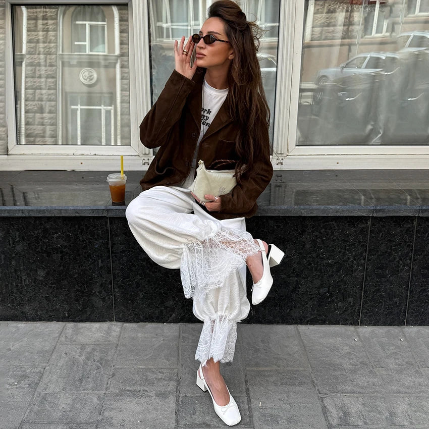 Linad Vintage Loose Lace Pencil Pants For Women White Elegant Elastic Waist Trousers Street Chic Ankle Length Pants 2025 Summer