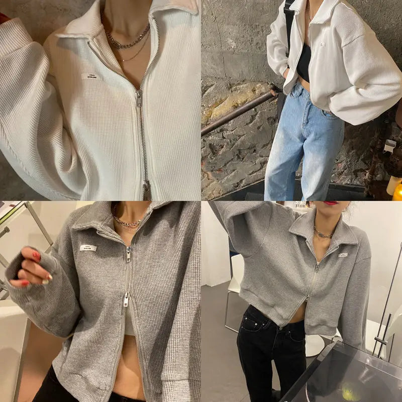 Sweatshirts Woman All-match Solid Zipper Trendy Korean Style Harajuku Ins Retro Autumn Casual Office Ladies Daily New Arrival