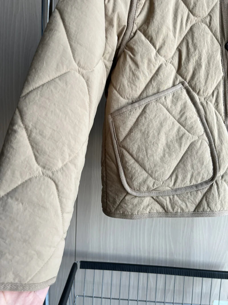 ETJ 2025  Spring new women's vintage crewneck quilted cotton-padded loose version of quilted casual jacket