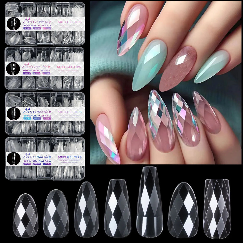 120/140Pcs 3D Diamond Almond Ballet Coffin False Nails Clear Press On Nails For Acrylic Gel Reusable Fake Tips DIY Nail Supplies