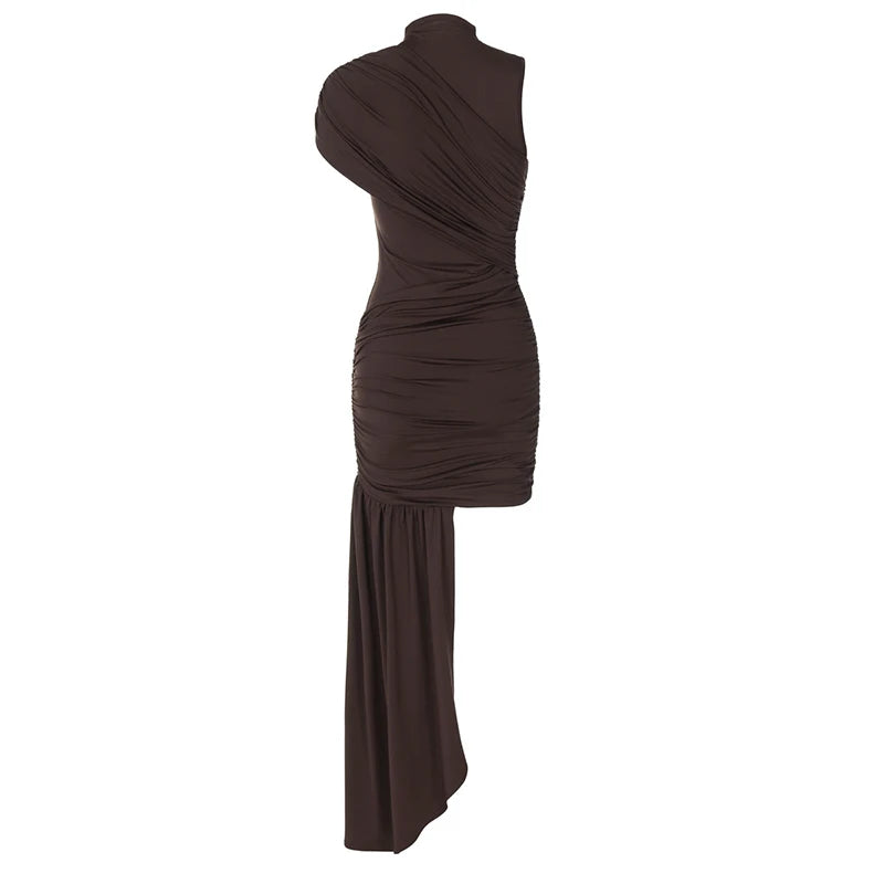 Mozision Irregular Draped Ruched Sexy Mini Dress For Women Elegant Turtleneck Sleeveless High Waist Pleated Club Party Dress
