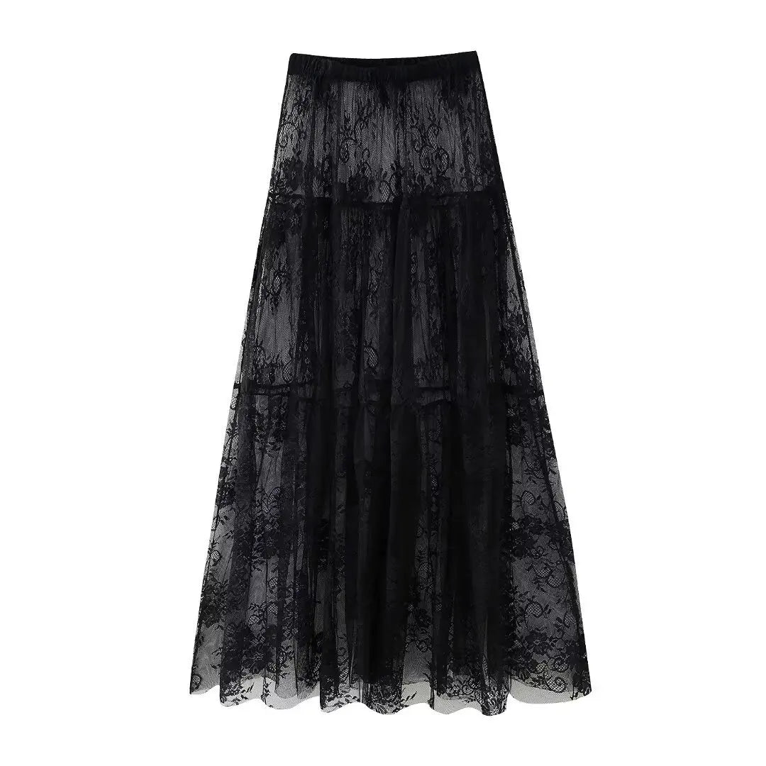 Black Lace Mesh Skirt Women's High Waist Midi Skirt Tulle Long Skirt Women's Translucent Party Women's Sexy Skirt 2024