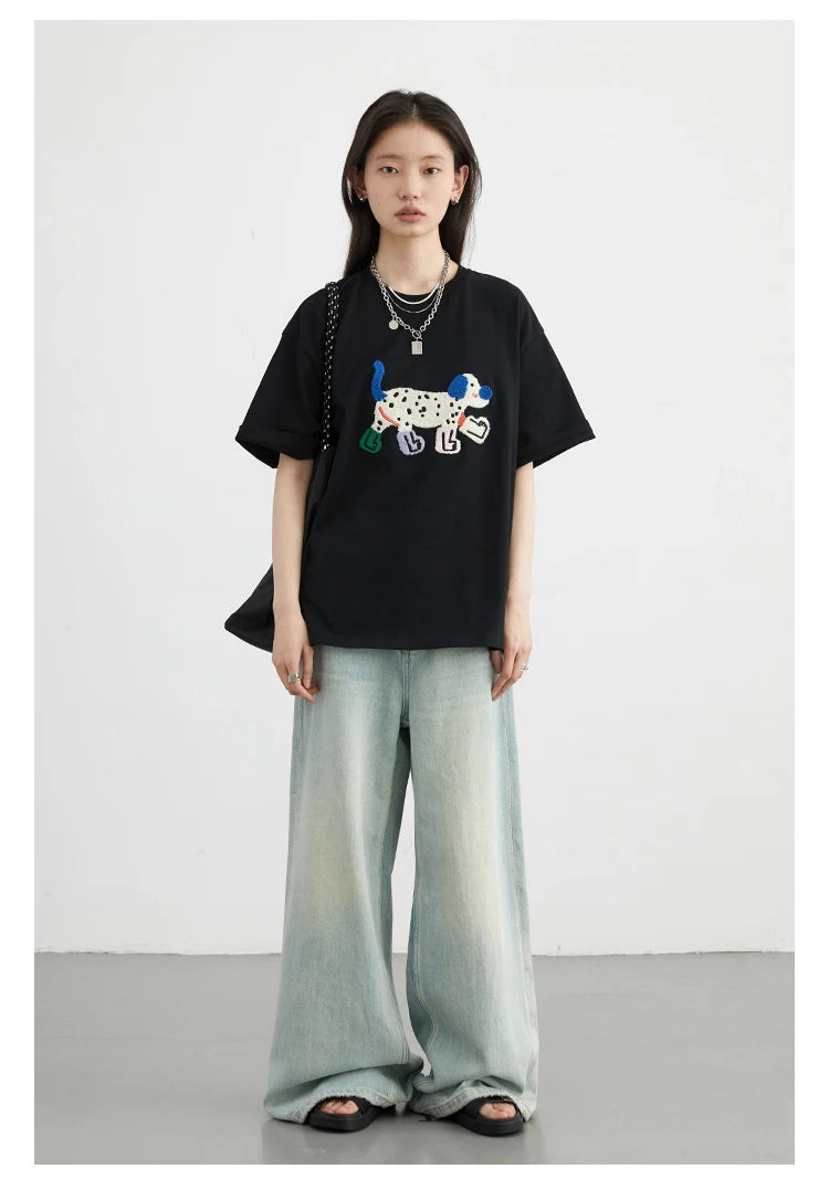 CHIC VEN Women T-Shirts Loose Streetwear Unisex Fun Dog Embroidered Short Sleeve Cotton Girl Tees Female Top Summer 2025