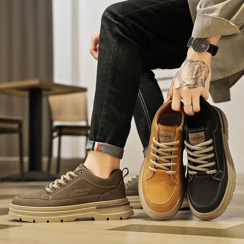 Men Leather Casual Shoes Outdoor Thick Sole Men Work Boots Comfortable Walking Sports Shoes for Men Designer Anti-Slip Men Shoes