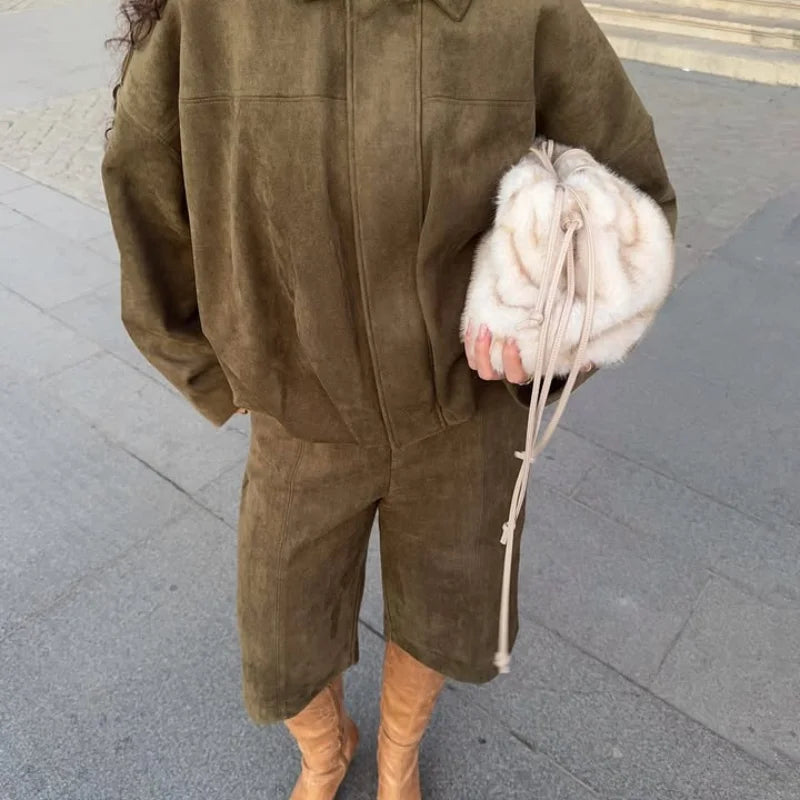 Fashion Coat Short Pant Women Set Casual Loose Lapel  Button Long Sleeve Female Jacket Suit 2025 Autumn High Street Lady Sets