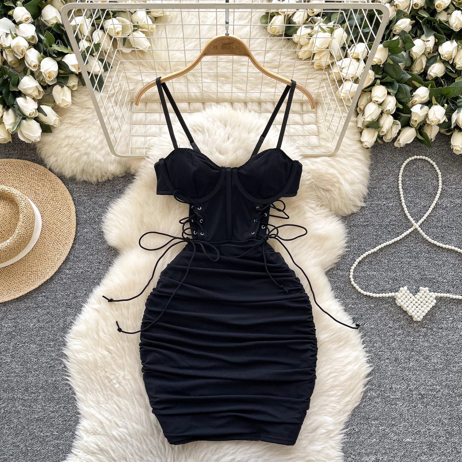 SINGREINY Summer Short Strap Dress Ladies Strapless Lace Up Hollow Out Design Pleated Slim Fit Print Sexy Clubwear Bodycon Dress
