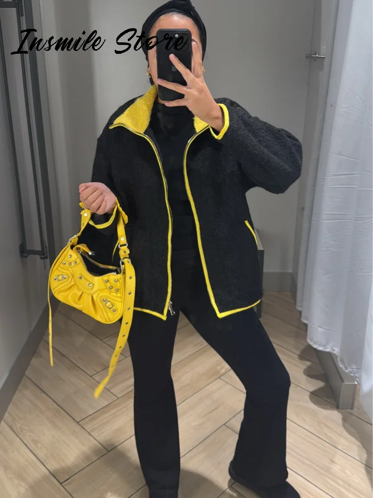 Fashion Contrast Knit Coat Women Stand Collar Zipper Pockets Full Sleeve Jacket 2025 Autumn Lady Elegant Outwear 2026 Spring New