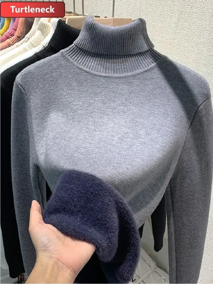 Winter Warm Sweater Pullover Women Slim Thicken Plush Velvet Lined Knitwear Jumper Korean Half Turtleneck Poleras Soft Knit Tops