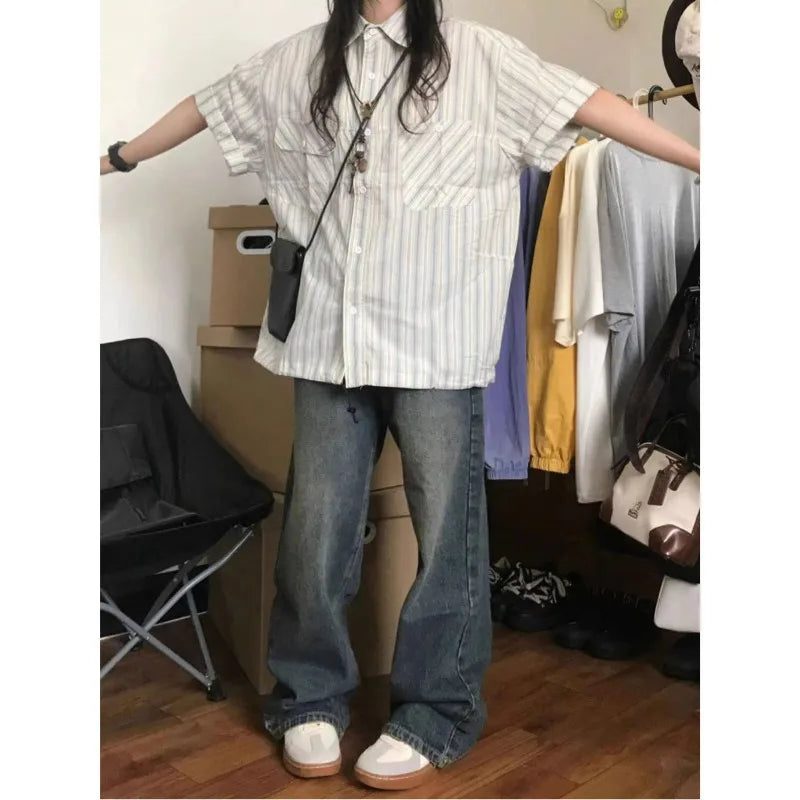XEJ Chiffon Blouse for Women Japanese Retro Striped Short Sleeved Shirt for Women in Summer 2024 Short Sleeve Shirt Tops Y2k