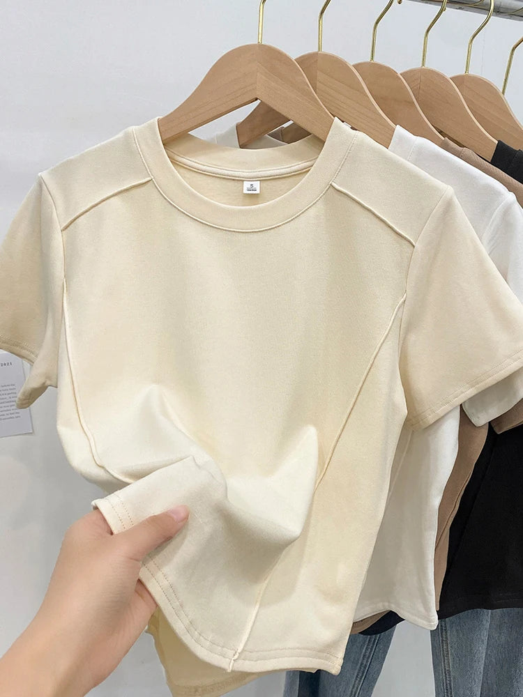 Solid color round-neck short-sleeved slim T-shirt for women 2026 summer and Europe new