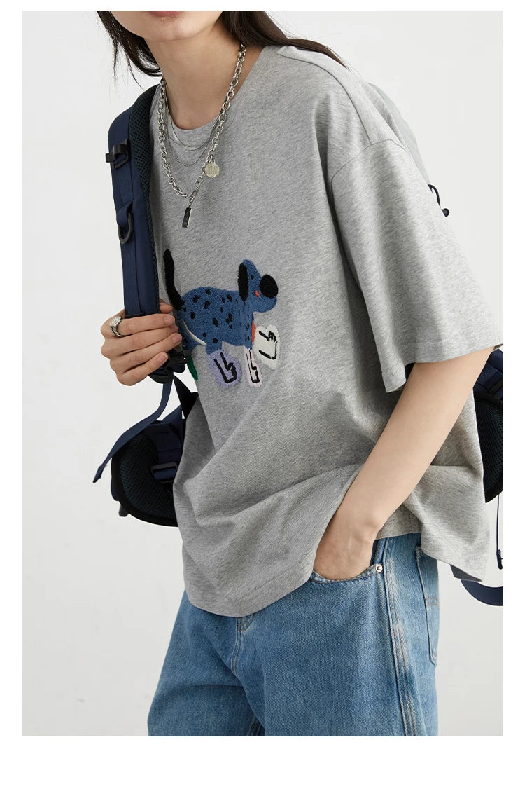 CHIC VEN Women T-Shirts Loose Streetwear Unisex Fun Dog Embroidered Short Sleeve Cotton Girl Tees Female Top Summer 2025