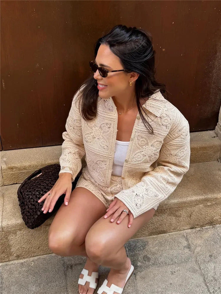 Sweater Crochet Tops Shorts Women Set Lapel Single Breasted Short Top Crochet Flower Hollow Out Shorts Casual Loose Woman Suits