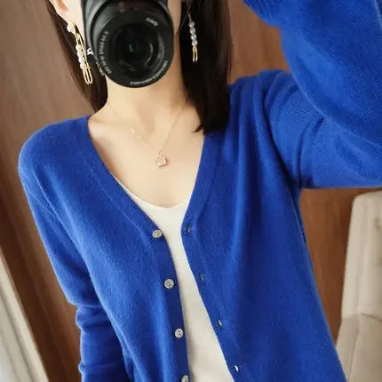 2025 Women Cardigans Long Sleeve Knitted Outerwear Solid Thin Spring Autumn Sweaters V-neck Knitwears Korean Fashion Cardigans