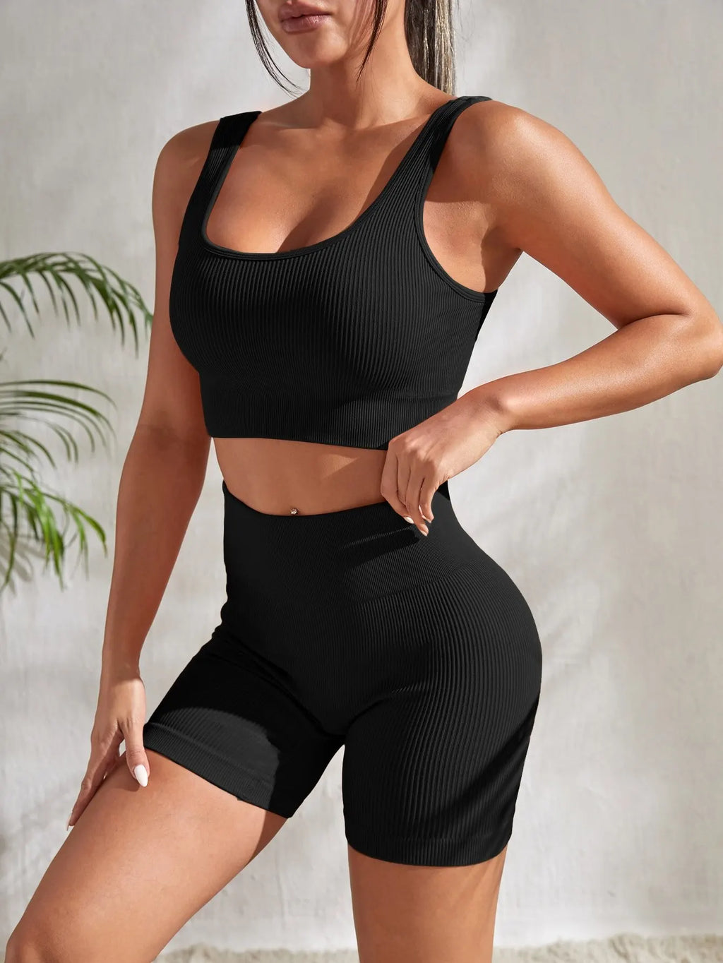Seamless Ribbed Fitness Set for Women Solid Color Knit 2 Piece Workout Outfit Crop Tank High Waist Shorts Yoga Running