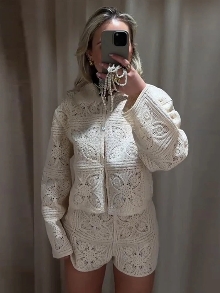 Sweater Crochet Tops Shorts Women Set Lapel Single Breasted Short Top Crochet Flower Hollow Out Shorts Casual Loose Woman Suits
