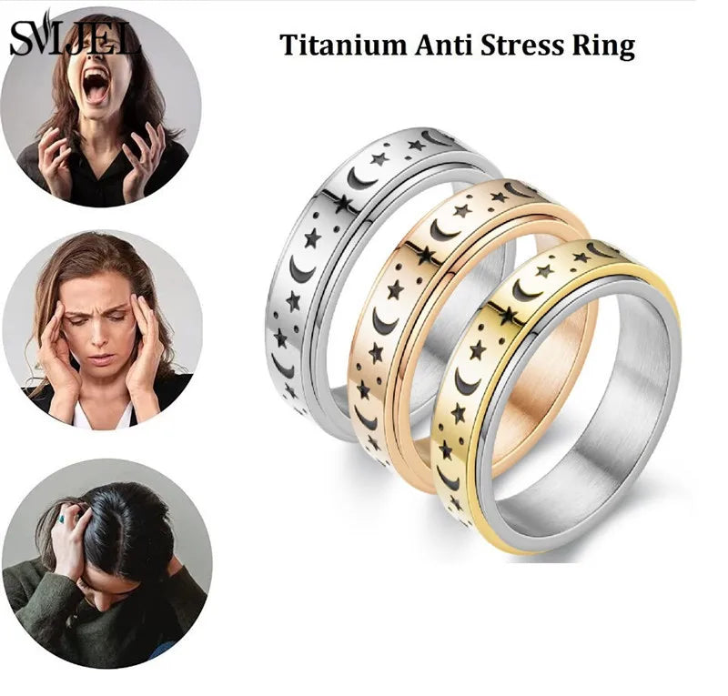 Fashion Star Moon Anxiety Relaxing Stainless Steel Rings for Women Men Metal Rotate Freely Spinner Ring Anillos De Hombres