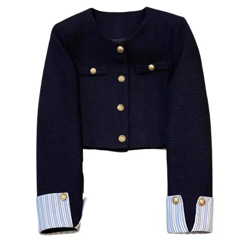 Autumn Winter Ladies Long Sleeves Suit Jacket French Women Round Neck Tops Female Fashion Leisure Splicing Together Blazer Coat