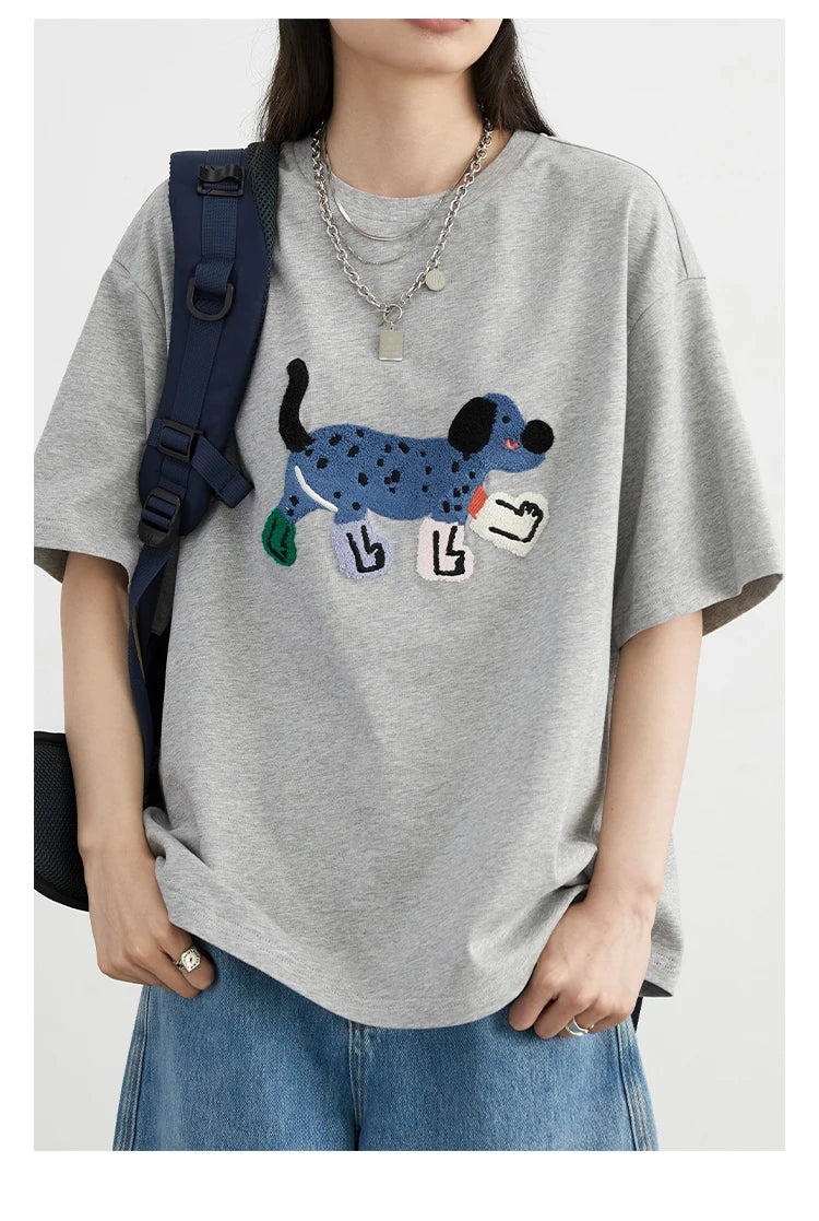 CHIC VEN Women T-Shirts Loose Streetwear Unisex Fun Dog Embroidered Short Sleeve Cotton Girl Tees Female Top Summer 2025