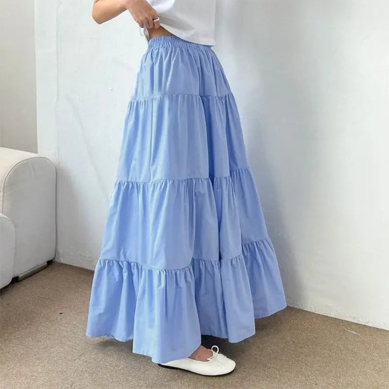 ZANZEA Women Korean Fashion Tiered Maxi Skirt Elastic Waist Casual Solid Color A-line Faldas Mujer Holiday Streetwear Long Jupes