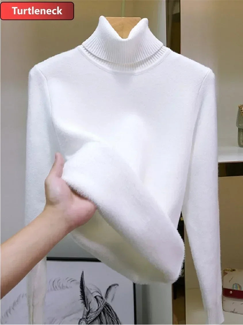 Winter Warm Sweater Pullover Women Slim Thicken Plush Velvet Lined Knitwear Jumper Korean Half Turtleneck Poleras Soft Knit Tops